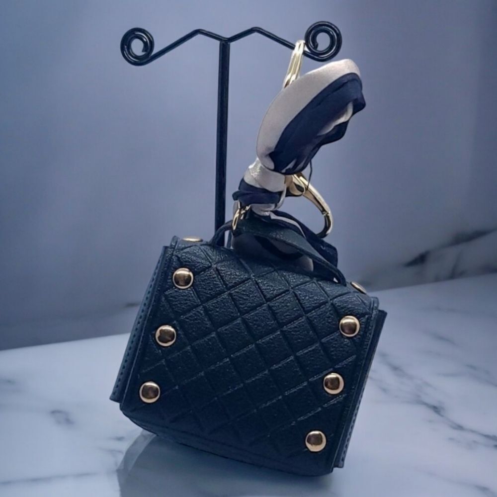 Mini Black Quilted Purse Keychain AirPods Holder Designer Style Bag Charm Luxe - Picture 3 of 7